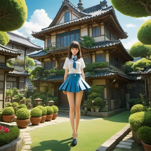 Prompt: Hiroshi Masumura, Sara Fanelli, Antonio Lupatelli, Surrealism, mysterious, bizarre, fantastical, fantasy, Sci-fi, Japanese anime, blueprint of an imaginary miniature garden where miniskirt beautiful high school girls live, perfect voluminous body, detailed masterpiece 