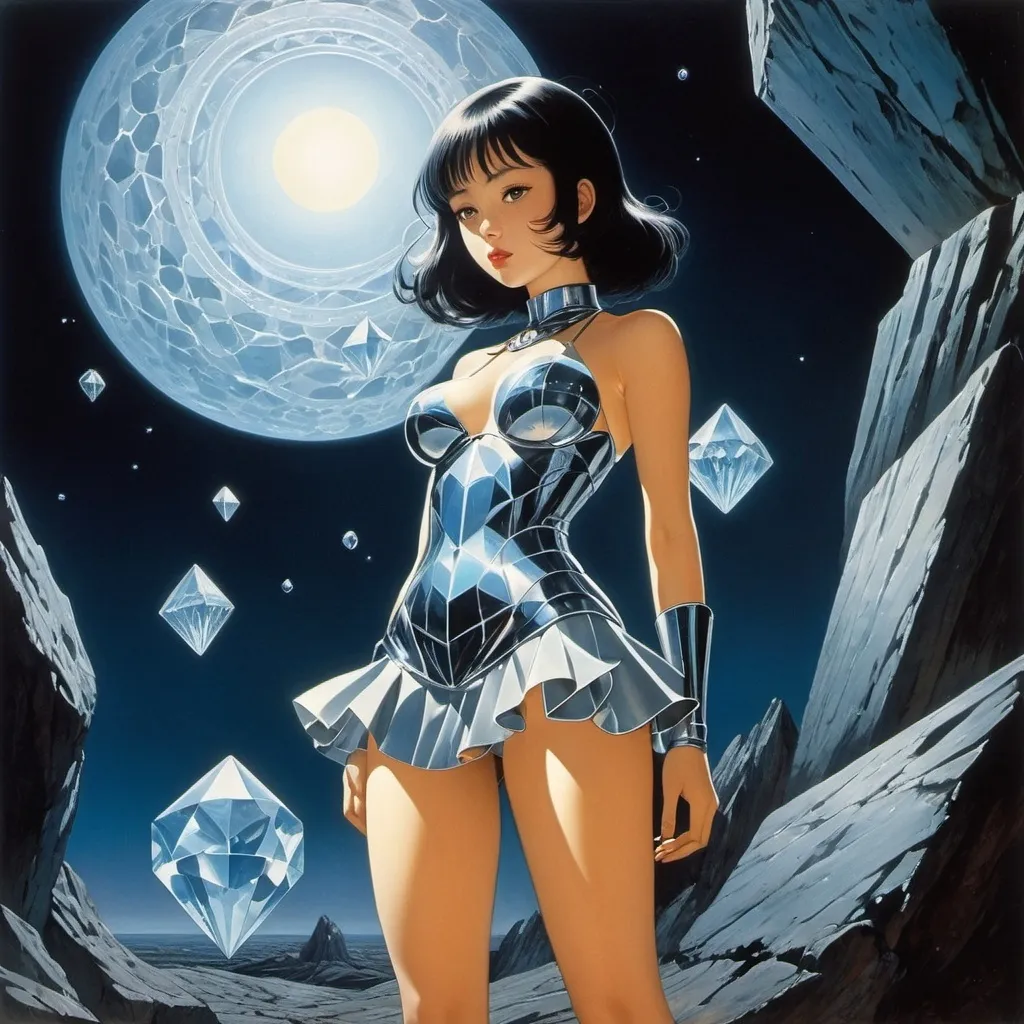 Prompt: Hans Christiansen, Bożena Truchanowska, Fuyumi Soryo, Cecil Walton, Max Ernst, Surrealism Mysterious Weird Fantastic Fantasy Sci-Fi, Japanese Anime, Mineral Night, Hard Darkness, Miniskirt Beautiful Girl Making Crystals, perfect voluminous body, detailed masterpiece 