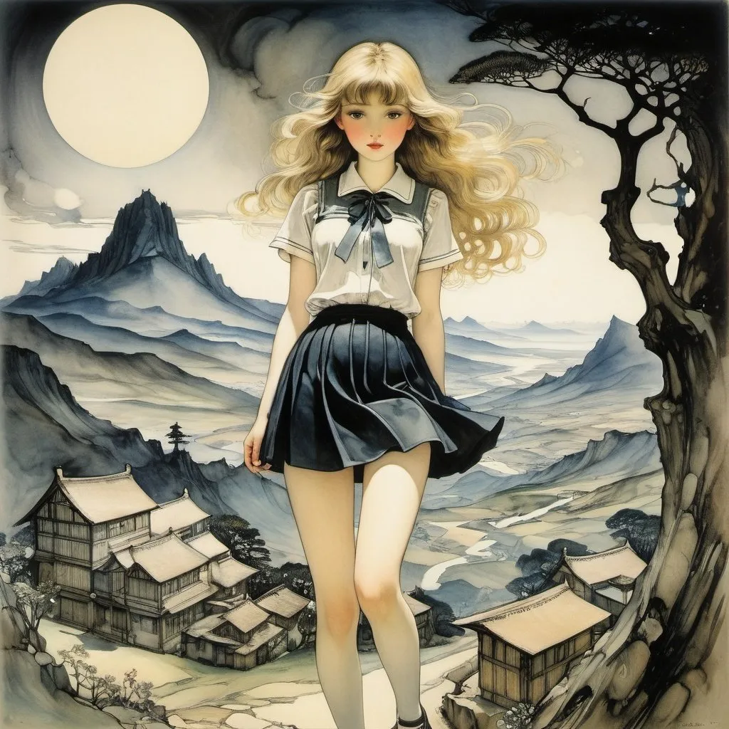 Prompt: Arthur Rackham, mary blair, Emil Doepler, Hermine Stilke, Surrealism, mysterious, bizarre, fantastical, fantasy, Sci-fi, Japanese anime, world view called perspective, philosophy of pictorial space and spatial expression techniques, natural geometry, depth, painting from the era of relativity, a beautiful high school girl in a miniskirt represented by perspective, detailed masterpiece 