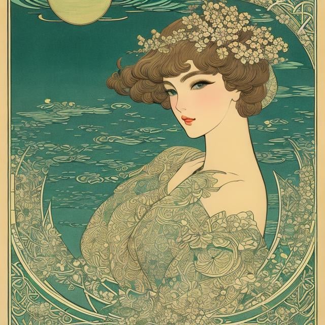 Prompt: Woodblock print, Walter Crane, Helen nyce, Art Deco style, Japanese Anime, Surreal Mysterious Strange Fantastic Fantasy Sci-fi, Beautiful girl perfect body, Queen's eyes, Chemistry, botany, zoology, physics, Falling moon, detailed masterpiece 