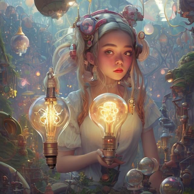 Prompt: Anton Brzezinsk, Lola Anglada,　animesque　surreal　fanciful　wondrous　strange　Whimsical　Sci-Fi Fantasy　The world in the light bulb　Tree in a bulb、Duan、Super Miniskirt High School Girl　hyperdetailed high resolution high quality masterpiece