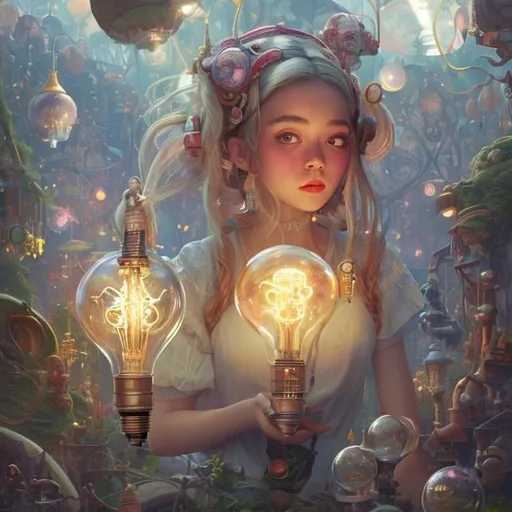 Prompt: Anton Brzezinsk, Lola Anglada,　animesque　surreal　fanciful　wondrous　strange　Whimsical　Sci-Fi Fantasy　The world in the light bulb　Tree in a bulb、Duan、Super Miniskirt High School Girl　hyperdetailed high resolution high quality masterpiece