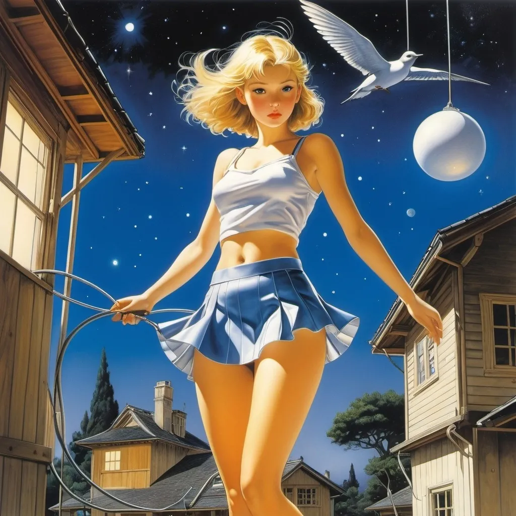 Prompt: Joyce Lankester Brisley, Sigmar Polke, Hajime Sorayama, Clifford Webb, Chris Van Allsburg, Surrealism, wonder, strange, bizarre, fantasy, Sci-fi, Japanese anime, entropic night and stars, beautiful high school girl in a miniskirt, perfect voluminous body, building a house with wire, a flying penguin, detailed masterpiece 