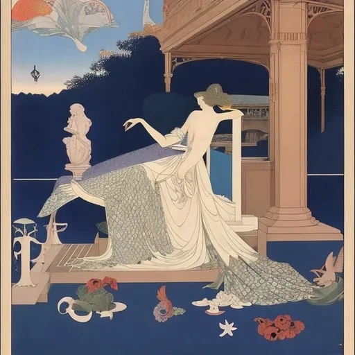 Prompt: George Barbier Surreal, mysterious, strange, bizarre, fantasy, Sci-fi fantasy, museum seen from the brain, art cultivates people, beauty that affects the brain, archive of human memory, three stages of memory, Mind Palace