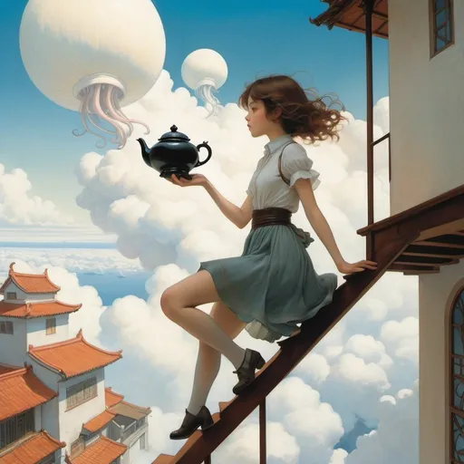 Prompt: Kate Greenaway, Esad Ribic, Surreal, mysterious, strange, fantastical, fantasy, sci-fi, Japanese anime, a teapot floating in the air, a beautiful girl in a miniskirt climbing the stairs above the clouds, perfect voluminous body, a flying octopus, detailed masterpiece low high angles perspectives wide angles