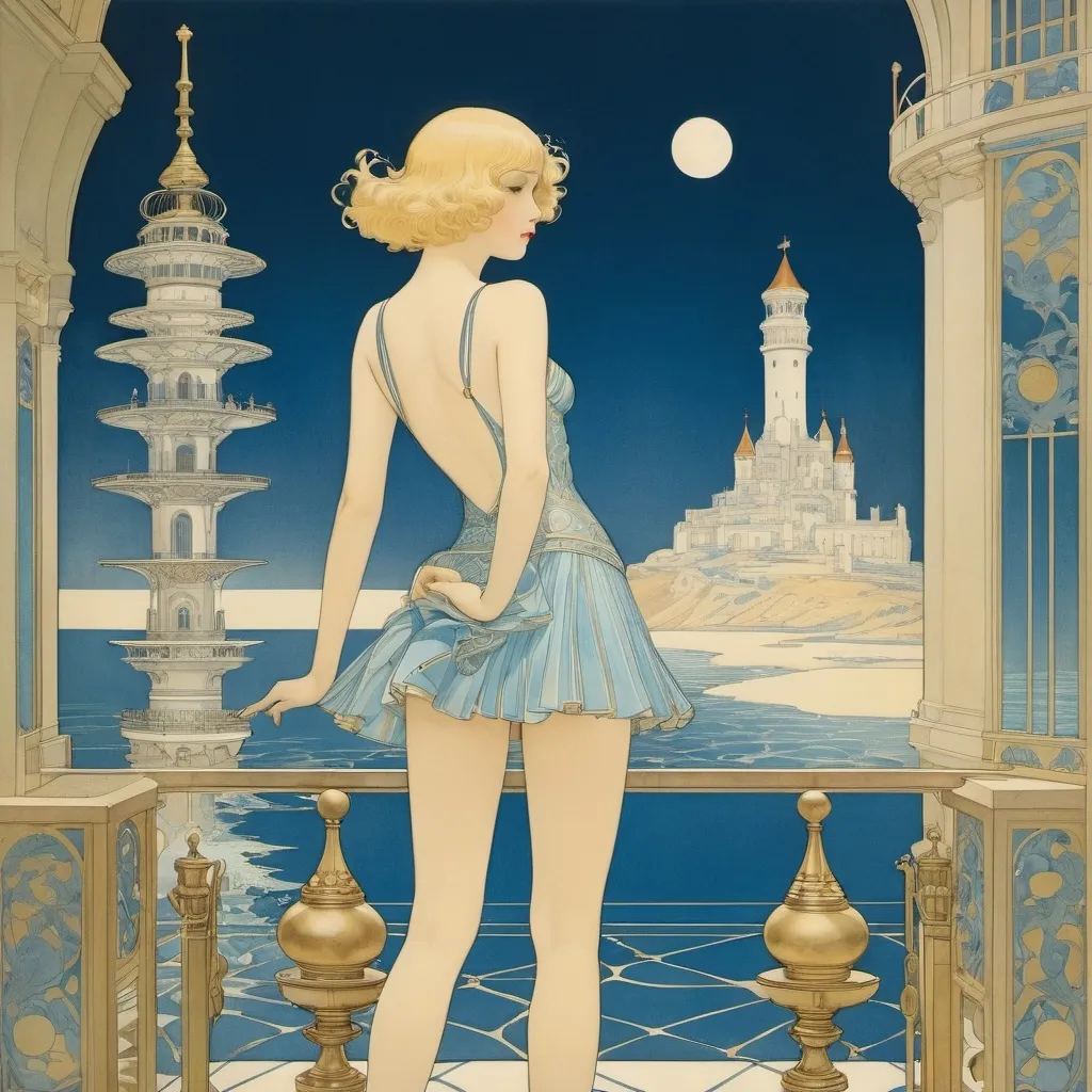 Prompt: George Barbier, Maximilian Pirner, Avogado6, Ulla Donner, Edmund Dulac, Surrealism, strange, bizarre, fantastical, fantasy, Sci-fi, Japanese anime, Coffee Planet, sea of ​​chessboards, blue tower construction, blueprints, miniskirt beautiful high school girl, perfect voluminous detailed masterpiece 