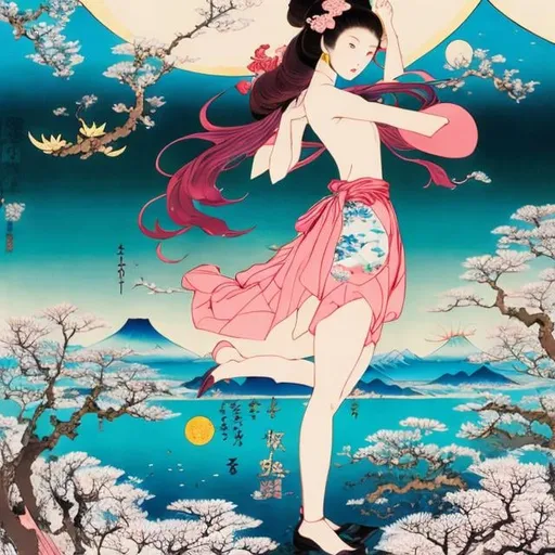 Prompt: Théa Rojzman, Utagawa Hiroshige, Chiho Aoshima, Surreal, mysterious, strange, fantastical, fantasy, Sci-fi, Japanese anime, wonderland on paper, blonde miniskirt beautiful girl Alice, perfect voluminous body, everything surrounding her becomes gigantic and attacks her, fleeing Alice, action, dynamism, detailed masterpiece 