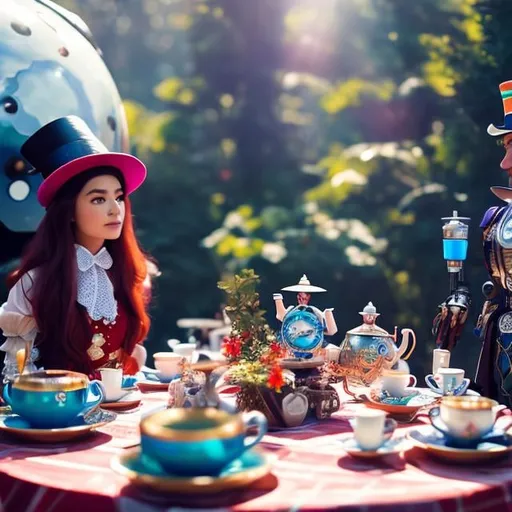 Prompt: Alice in wonderland, Alice in the world of future mechanics, robots, spaceships, having tea with cyborgs hatter