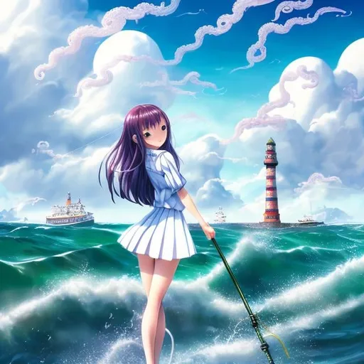 Prompt: Ken Akamatsu, Anton Pieck, Surreal, mysterious, bizarre, fantastical, fantasy, Sci-fi, Japanese anime, beautiful high school girl in a miniskirt, perfect voluminous body, wet wet wet, fishing on the breakwater, caught an octopus, surprised smile, dynamism, splashing water, blue sky, sheep clouds, lighthouse, angle looking up, hyper detailed masterpiece 