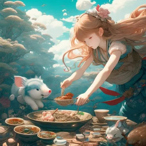 Prompt: James Jean, Kate Greenaway, Japanese Anime, surreal, mysterious, bizarre, fantastical, fantasy, sci-fi,  ramen battle, which is delicious, pork bone or soy sauce? Girl Alice, detailed, high resolution high definition high quality masterpiece 