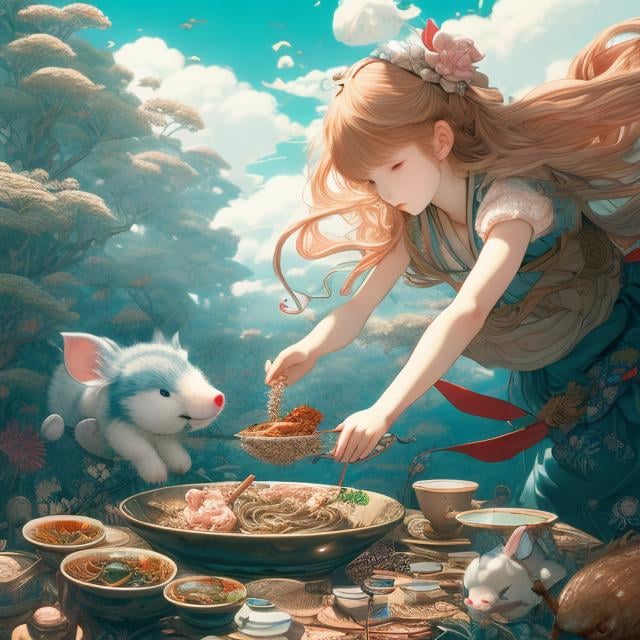 Prompt: James Jean, Kate Greenaway, Japanese Anime, surreal, mysterious, bizarre, fantastical, fantasy, sci-fi,  ramen battle, which is delicious, pork bone or soy sauce? Girl Alice, detailed, high resolution high definition high quality masterpiece 