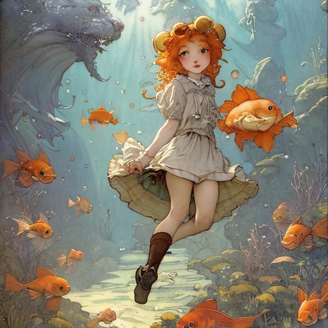 Prompt: Anton Pieck,  Jessie Willcox Smith, Margaret Tarrant, animesque　wondrous　strange　Whimsical　Sci-Fi Fantasy　Goldfish World　Ryukin　Izumi gold　Dutch Lion's Head　Lanc-ch'u-hsien　Wakin　Swimming in the air　Goldfish scoop　matsuri　Miniskirt schoolgirl walking path