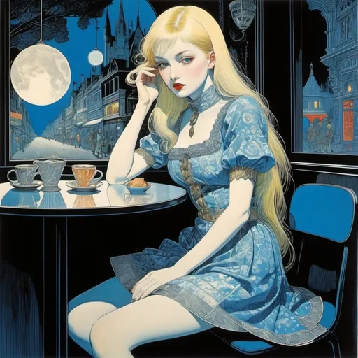 Prompt: Harry Clarke, James Jean, Virgil Finlay, Edward Emshwiller, Wenceslaus Hollar, Surrealism, wonder, strange, bizarre, fantasy, Sci-fi, Japanese anime, shadow in the pale blue darkness, translucent nocturnal world, beautiful blonde miniskirt girl Alice in a street corner cafe, perfect voluminous body, detailed masterpiece 