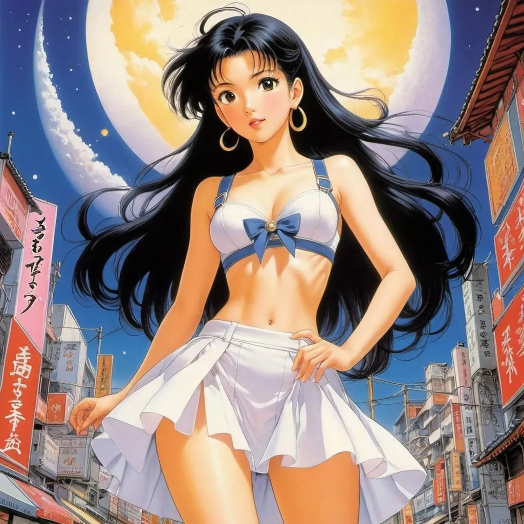 Prompt: Naoko Takeuchi, Beni Montresor, Surreal, mysterious, strange, fantastical, fantasy, Sci-fi, Japanese anime, dizzying game, hunter miniskirt beautiful girl with the image of a delusional paradise by a fantasist, perfect voluminous body, detailed masterpiece 