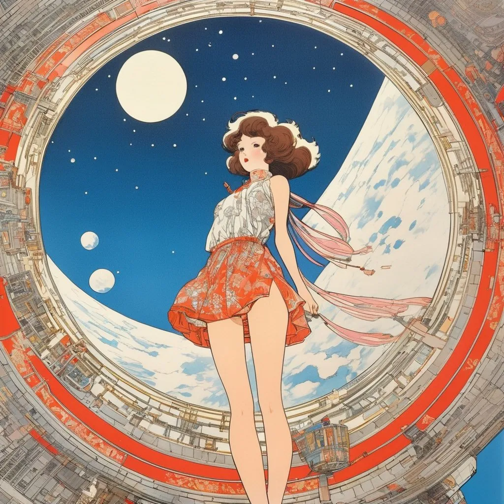 Prompt: Katsuhiro Otomo, George Barbier, Surreal, mysterious, strange, fantastical, fantasy, Sci-fi, Japanese anime, DIY rocket, launching towards the moon, beautiful girl in miniskirt, perfect voluminous body, detailed masterpiece 