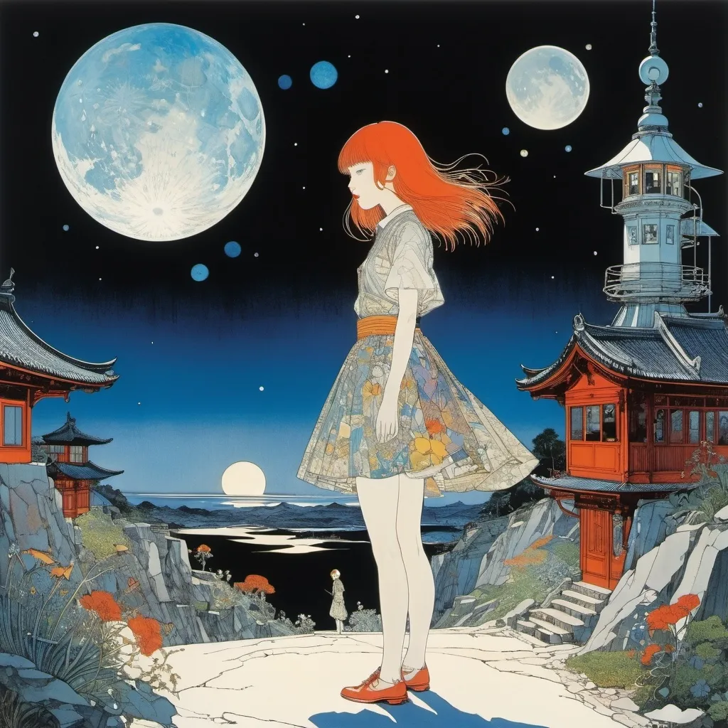 Prompt: Harry Clarke, Yuko Shimizu, Tove Jansson, Marcela Donoso, Heinrich Kley, Surrealism, wonder, strange, bizarre, fantasy, Sci-fi, Japanese anime, compact and triangulation, boundary between night and day, A town with an observatory, miniskirt beautiful high school girl, perfect voluminous body, detailed masterpiece 