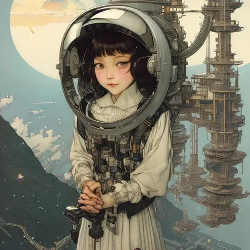 Prompt: Kate Greenaway,  Jessie Willcox Smith, Heikala, Tokyo future scape, space elevator, Japanese high school girl, beautiful face dark hair, hyper detailed, high resolution, high definition, high quality, masterpiece, Japanese anime, manga lines, realistic 
