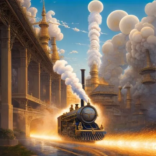 Prompt: Milo Manara, Charles Altamont Doyle, Surreal, mysterious, strange, fantastic, fantasy, Sci-fi, Japanese anime, ripples, spirals, and Fibonacci, a miniskirt beautiful high school girl racing with a steam locomotive, hyper detailed high resolution definition quality, depth of field cinematic lighting 