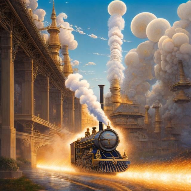 Prompt: Milo Manara, Charles Altamont Doyle, Surreal, mysterious, strange, fantastic, fantasy, Sci-fi, Japanese anime, ripples, spirals, and Fibonacci, a miniskirt beautiful high school girl racing with a steam locomotive, hyper detailed high resolution definition quality, depth of field cinematic lighting 