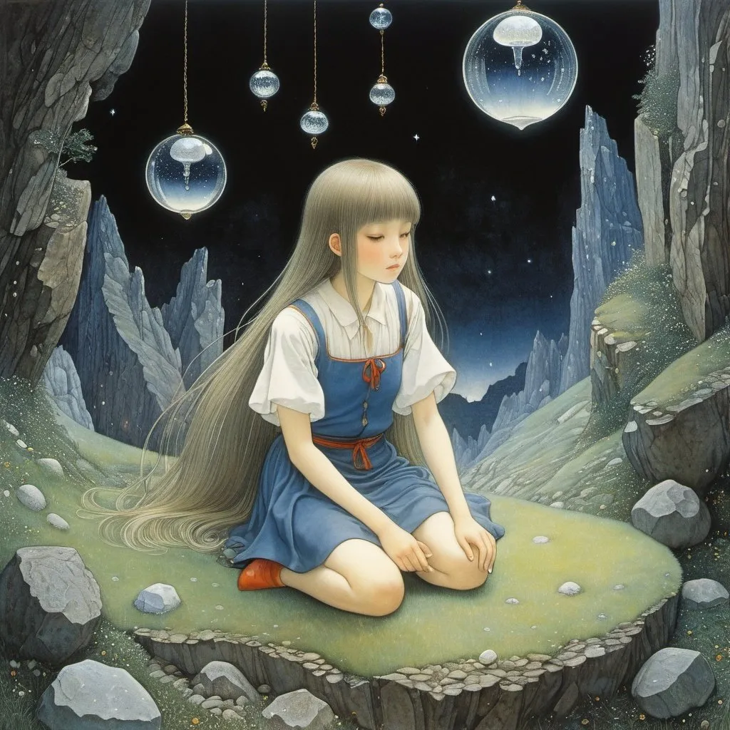 Prompt: Christian Cailleaux, Jean Bastide, Yukari Ichijo, Jan Lööf, John Bauer, Surrealism, mysterious, bizarre, fantastical, fantasy, Sci-fi, Japanese anime, elemental crystals, beautiful girl in miniskirt who collects, dreaming ore, detailed masterpiece angles perspectives 