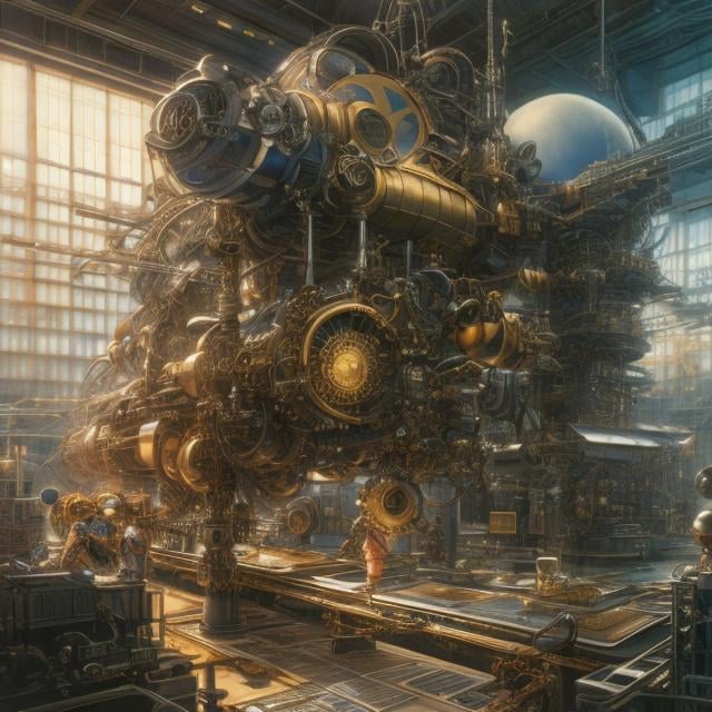 Prompt: Jim Burns,  Albert Robida, Masamune Shirow, Katsuhiro Otomo, fine lines, Japanese Anime, surreal, realistic, weird, hyper detailed, sci-fi, fantasy, realistic, Temporal Orrery, Mecha-loving high school girl, in the factory, under repair, high resolution high definition high quality masterpiece, girl with perfect voluminous body, tight fitting low cut mechanic uniform 