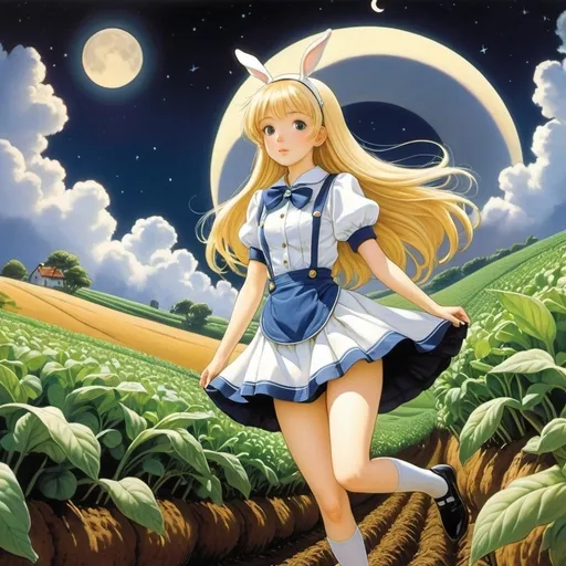 Prompt: Shinji Wada, Margaret Tempest, Lola Anglada, David Wiesner, Kozue Amano, Surrealism, wonder, strange, fantastical, fantasy, Sci-fi, Japanese anime, crescent moon in a potato field, bipedal rabbit wearing clothes, the adventures of Alice, a beautiful blonde miniskirt girl, perfect voluminous body, detailed masterpiece 