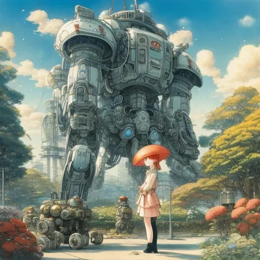 Prompt: Elsa Beskow, Katsuhiro Otomo, Japanese Anime Surreal Mysterious Bizarre Sci-fi Fantasy Giant robot in the parking lot Urban landscape Tokyo Tower Girl in tight-fitting space suit sitting on the robot’s shoulder, hyperdetailed high resolution high definition high quality masterpiece