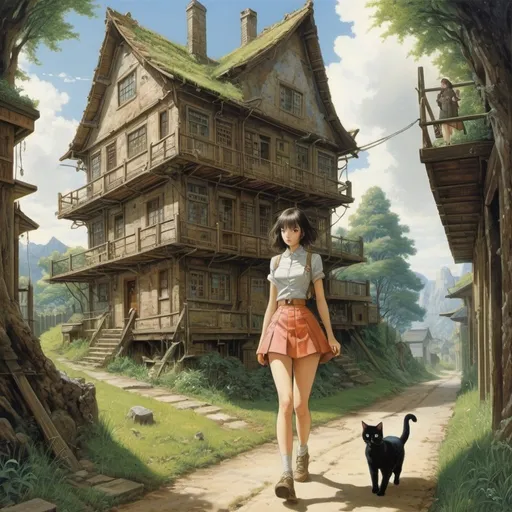 Prompt: Paul Woodroffe, Johann Baptist Zwecker, Surrealism, wonder, strange, bizarre, fantasy, Sci-fi, Japanese anime, primitive library, architecture without interior, territorial surveying, long road home, miniskirt beautiful girl and cat taking a walk, perfect voluminous body, detailed masterpiece 