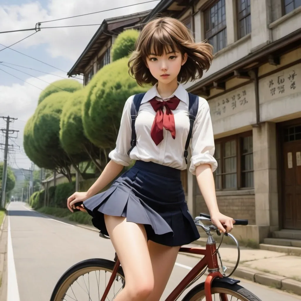 Prompt: Shannon Bergin, Jane Carkill, Arthur Rackham, Surrealism, strange, bizarre, fantastical, fantasy, Sci-fi, Japanese anime, spinning wheel, beautiful high school girl in a miniskirt, perfect voluminous body, short hair, boyish, borderline world, commuting route to school, detailed masterpiece 