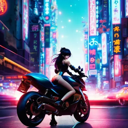 Prompt: Masamune Shirow, Oscar Chichoni, Anne Anderson, Surreal, mysterious, strange, fantastical, fantasy, Sci-fi, Japanese anime, miniskirt beautiful combat girl Alice, perfect voluminous body, riding a motorcycle speeding,  night city, huge moon, neon sign, night view, dynamism, hyper detailed masterpiece depth of field cinematic lighting realistic 