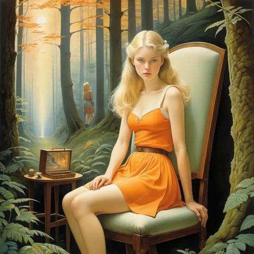 Prompt: Angela Barrett, Olivia Lomenech Gill, Mervyn Peake full colours, Surrealism Rene bull, William Tomlinson, Mysterious Weird Fantastic Fantasy Sci-Fi, Japanese Anime, Forest in a Box, Guardian of the Dawn, Orange, On a Chair, Blonde Miniskirt Beautiful Girl Alice, perfect voluminous body, detailed masterpiece 