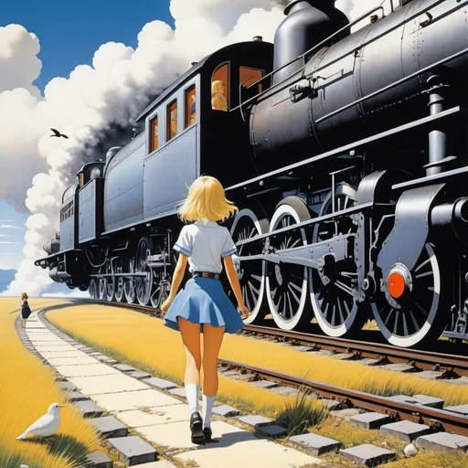 Prompt: Robert McCall, katsuhiro Otomo, Surreal, mysterious, strange, fantastical, fantasy, Sci-fi, Japanese anime, A plane crawling on the ground and a steam locomotive flying. Manifesto of Mechanics. bird's-eye view, tower trying to reach the sky. Beautiful blonde miniskirt girl Alice, perfect voluminous body, low high angles detailed masterpiece 