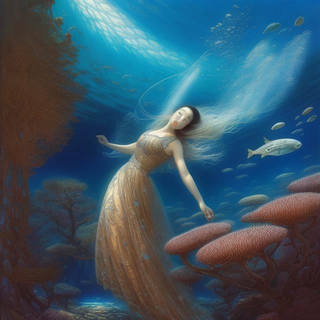 Prompt: John Howe, Takei Takeo, Surreal, mysterious, strange, fantastical, fantasy, Sci-fi, Japanese anime, deeper into the depths of the blue night, mathematics and natural history, a beautiful girl in a dress, diving, detailed masterpiece 