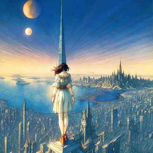 Prompt: Jean Giraud, Arthur Rackham, Surreal, mysterious, strange, fantastical, fantasy, Sci-fi, Japanese anime, picture book illustration style, miniskirt crescent moon girl's aerial walk, perfect voluminous body, bird's eye view, night view city, parasol, detailed masterpiece 