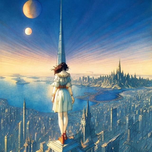 Prompt: Jean Giraud, Arthur Rackham, Surreal, mysterious, strange, fantastical, fantasy, Sci-fi, Japanese anime, picture book illustration style, miniskirt crescent moon girl's aerial walk, perfect voluminous body, bird's eye view, night view city, parasol, detailed masterpiece 