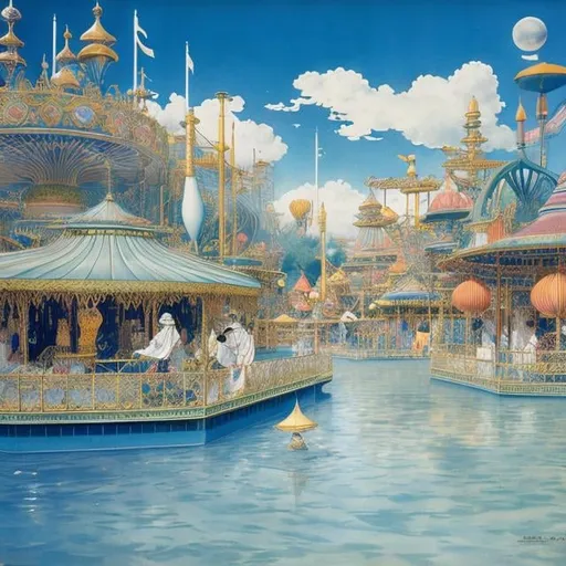 Prompt: Aquirax Uno, Walter Crane, Surreal, mysterious, bizarre, fantastical, fantasy, Sci-fi, Japanese anime, an amusement park with a giant pop-up picture book, the background is pale blue space, a paper moon floats, a beautiful high school girl in a miniskirt enters the amusement park, detailed masterpiece perspective cinematic lighting 