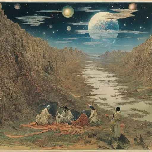 Prompt: Walter Crane, Katsuhiro Otomo, Surreal, mysterious, strange, fantastical, fantasy, Sci-fi, Japanese anime, late 19th century, a detailed depiction of the contact between underground people living inside the earth and the advanced civilized society of Vril-Ya, outstanding morals and scientific ability, super energy "Vril" and automatic This is an otherworldly story about an unknown race that was freed not only from inequality and discrimination, but also from labor and war through the use of dolls. Mystical thought, spiritualism, utopian thought, Detailed masterpiece depth of field cinematic lighting 