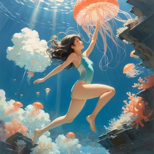 Prompt: Coby Whitmore, Rie osonoi, Surreal, mysterious, strange, fantastic, fantasy, Sci-fi, Japanese anime, beautiful girl in a school swimsuit diving into the atmospheric layers, perfect voluminous body, wet skin glistening, fluffy light jellyfish, cloud coral, detailed Masterpiece 