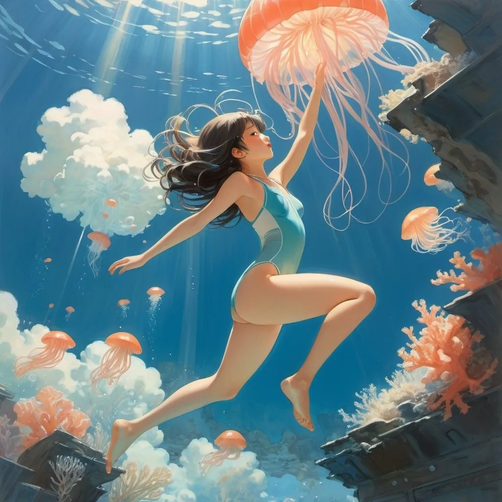 Prompt: Coby Whitmore, Rie osonoi, Surreal, mysterious, strange, fantastic, fantasy, Sci-fi, Japanese anime, beautiful girl in a school swimsuit diving into the atmospheric layers, perfect voluminous body, wet skin glistening, fluffy light jellyfish, cloud coral, detailed Masterpiece 