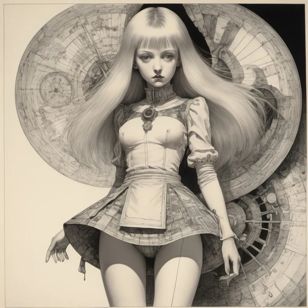 Prompt: Pieter Neeffs I, Harry Clarke, Hans Bellmer, Surrealism, wonder, strange, fantastical, fantasy, Sci-fi, Japanese anime, mechanical visual theory, natural history of light and line of sight, age of optical instruments, blueprint of seeing, beautiful blonde miniskirt girl Alice, perfect voluminous body, detailed masterpiece 