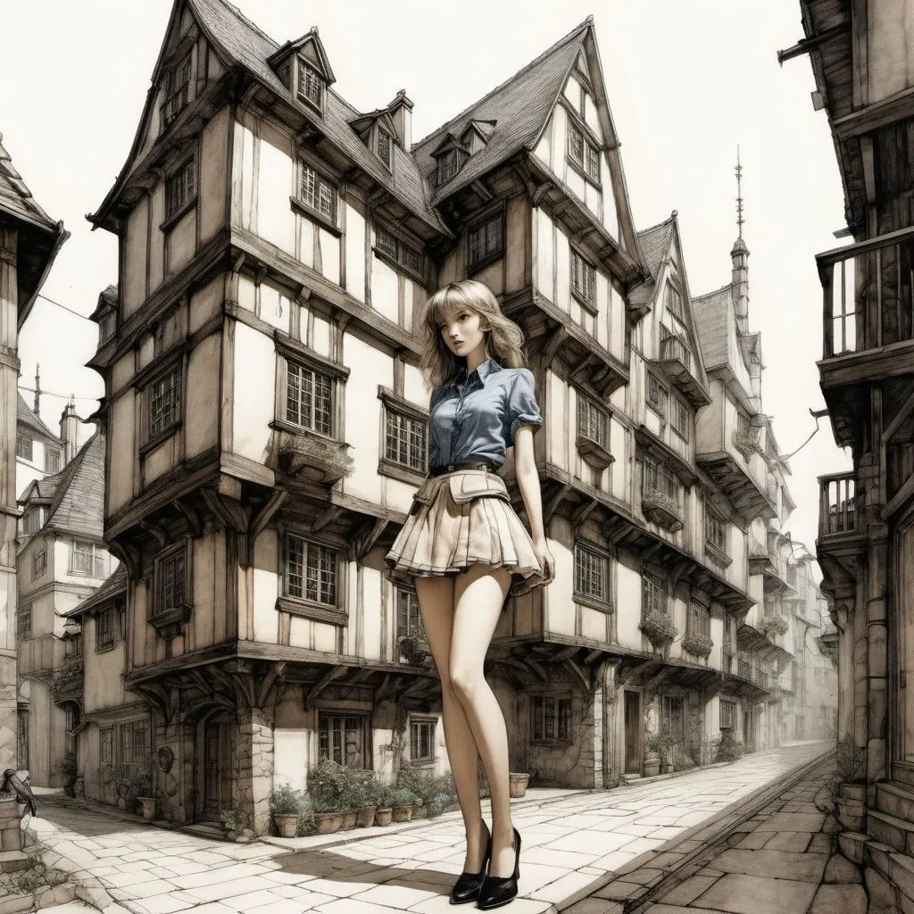 Prompt: Jordi Lafebre, Tomàs Padró, Arthur Rackham, Rachel Corcoran, Tadeusz Makowski, Surrealism, Mysterious, Weird, Extraordinary, Fantastic, Sci-fi, Japanese Anime, From imagination to planning, A beautiful girl in a mini-skirt, perfect voluminous body, dream of an architectural structural engineer, Drawing a blueprint, Perspective and vanishing point of a cross-sectional diagram, Unearthing dreams hidden in the modern city, detailed masterpiece 