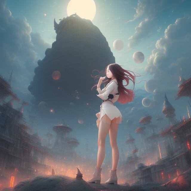 Prompt: James Jean, Hieronymus Bosch, Surreal, mysterious, strange, fantastical, fantasy, Sci-fi, Japanese anime, walking city, brick giant, miniskirt beautiful girl shooting at the moon, perfect voluminous body, detailed masterpiece wide angles 