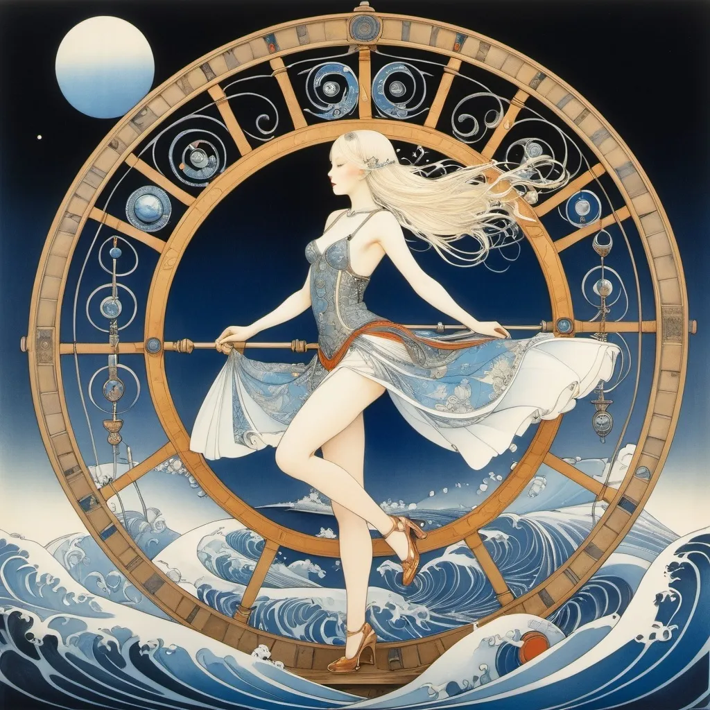 Prompt: Kay Nielsen, Antje Gummels, Marshall Glasier, Katsuya Terada, Hannes Bok, Surrealism, wonder, strange, fantastical, fantasy, Sci-fi, Japanese anime, the spinning wheel of fate, the miniskirt beautiful goddess who spins the blueprints of the future, perfect voluminous body, the flow of the world like a great river being spun out, detailed masterpiece 