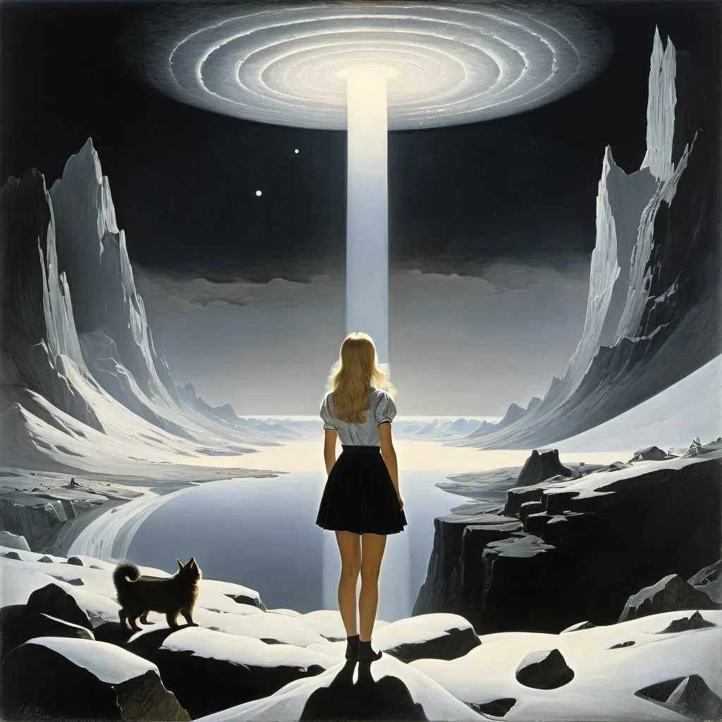 Prompt: Peder Balke, Theodor Severin Kittelsen, Surreal, mysterious, bizarre, fantastical, fantasy, Sci-fi, Japanese anime, inventor in mythology, hollow earth theory, counterfeits, heresy, shadows, myths, alchemy, infinite labyrinth of knowledge, blonde miniskirt beautiful girl Alice, perfect voluminous body, detailed masterpiece 
