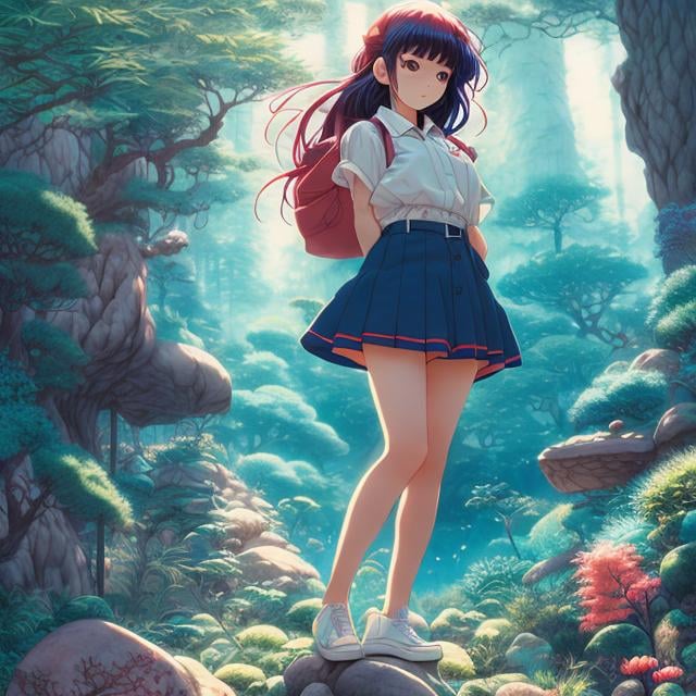 Prompt: Rumiko Takahashi, James Jean, Surreal, mysterious, strange, fantastical, fantasy, Sci-fi, Japanese anime, summer vacation country, night and concrete, transparent giant, miniature garden terrarium, miniskirt beautiful high school girl, perfect voluminous body, detailed masterpiece 