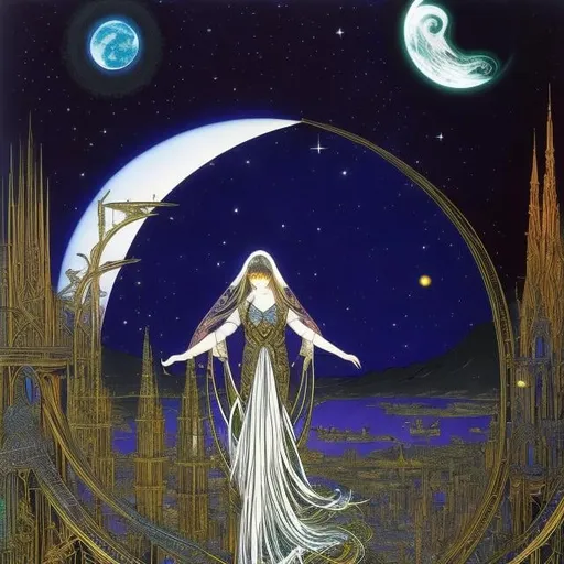 Prompt: Harry Clarke, Larry Elmore, Surreal, mysterious, strange, fantastical, fantasy, Sci-fi, Japanese anime, maiden who sews the bridges of the night, perfect voluminous body, curtain of moon and stars, flowing galaxy, space station, detailed masterpiece cinematic lighting bird’s eye view perspectives