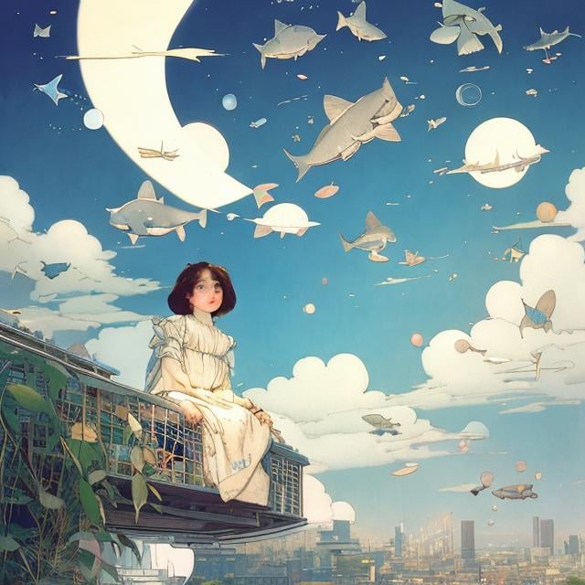 Prompt: Kate Greenaway,  Jessie Willcox Smith, Heikala, Tokyo future scape, blue sky with some clouds, flying cars, floating gold fishes, Japanese high school girl, looking up at  rainbow, beautiful face dark hair, hyper detailed, high resolution, high definition, high quality, masterpiece, Japanese anime, manga lines, realistic 
