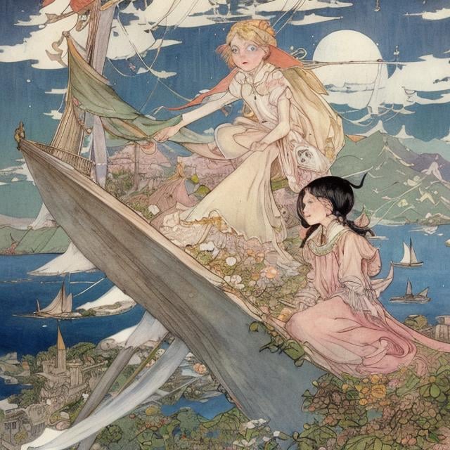 Prompt: Cicely Mary Barker, Margaret Tarrant, Virginia Frances Sterrett, great fall at the end of the world, ship sailing, floating islands, , hyper detailed, Japanese anime, manga lines, high quality high resolution high definition masterpiece , colour