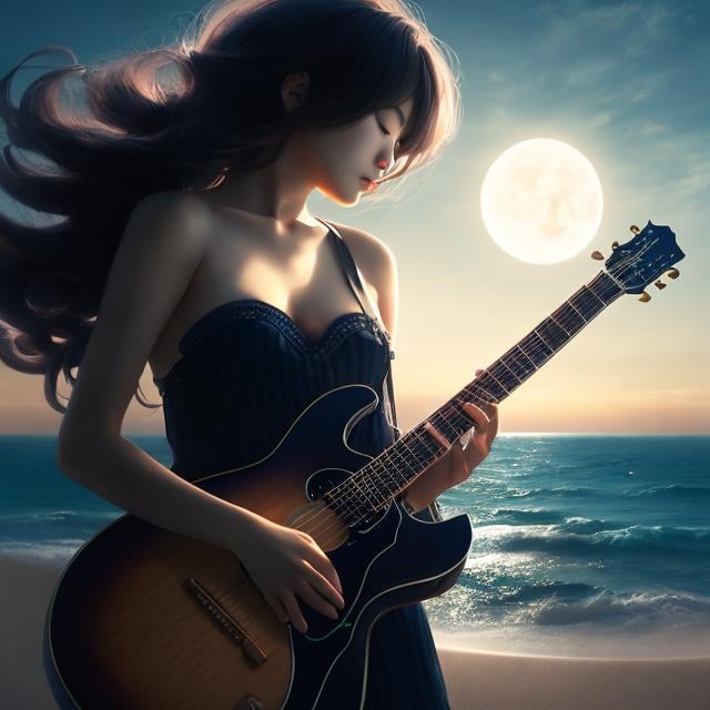 Prompt: Takuya Fujima, Edmond Aman-Jean, Surreal, mysterious, strange, fantastical, fantasy, Sci-fi, Japanese anime, cat playing the guitar, crescent moon on the horizon, myth of a beautiful girl, perfect voluminous body, detailed masterpiece 