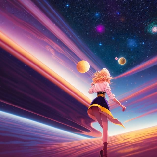 Prompt: Thomas Crane, Wally Wood, Surreal, mysterious, strange, fantastical, fantasy, Sci-fi, Japanese anime, New Year's Eve, beautiful blonde miniskirt girl Alice ringing the New Year's Eve bell, perfect voluminous body, galaxy and aurora in the night sky, space station, detailed masterpiece 